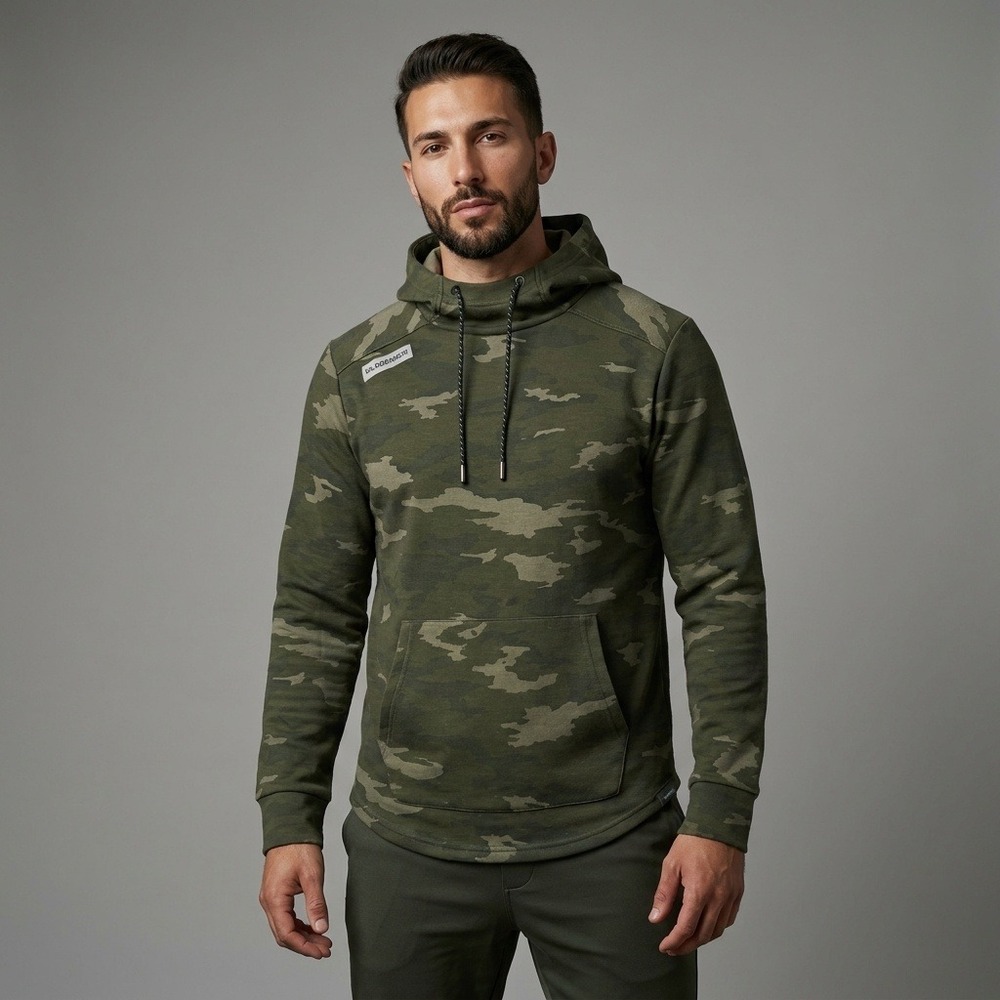 Legends Mens Camo Pullover Hoodie Green Small Scuba Hood Curved Hem Activewear
